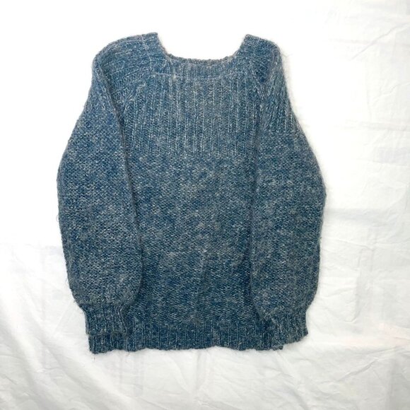 Hand Knit Sweater Womens Crew Neck Knit Cuff Metallic Thread Blue Silver - Picture 9 of 14